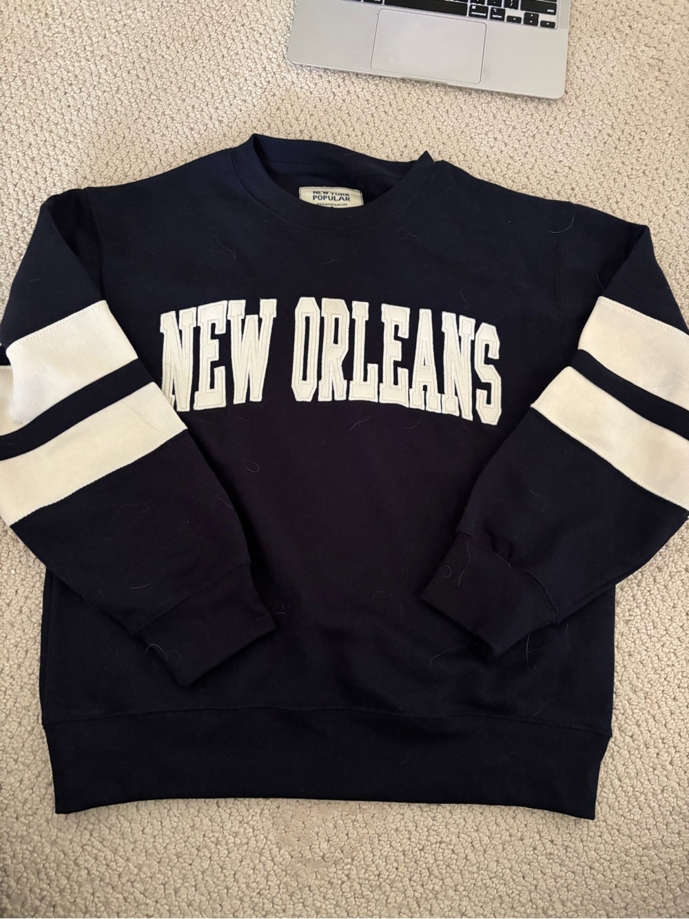 Popular Basics Navy Crewneck Sweatshirt with White Sleeve Stripes